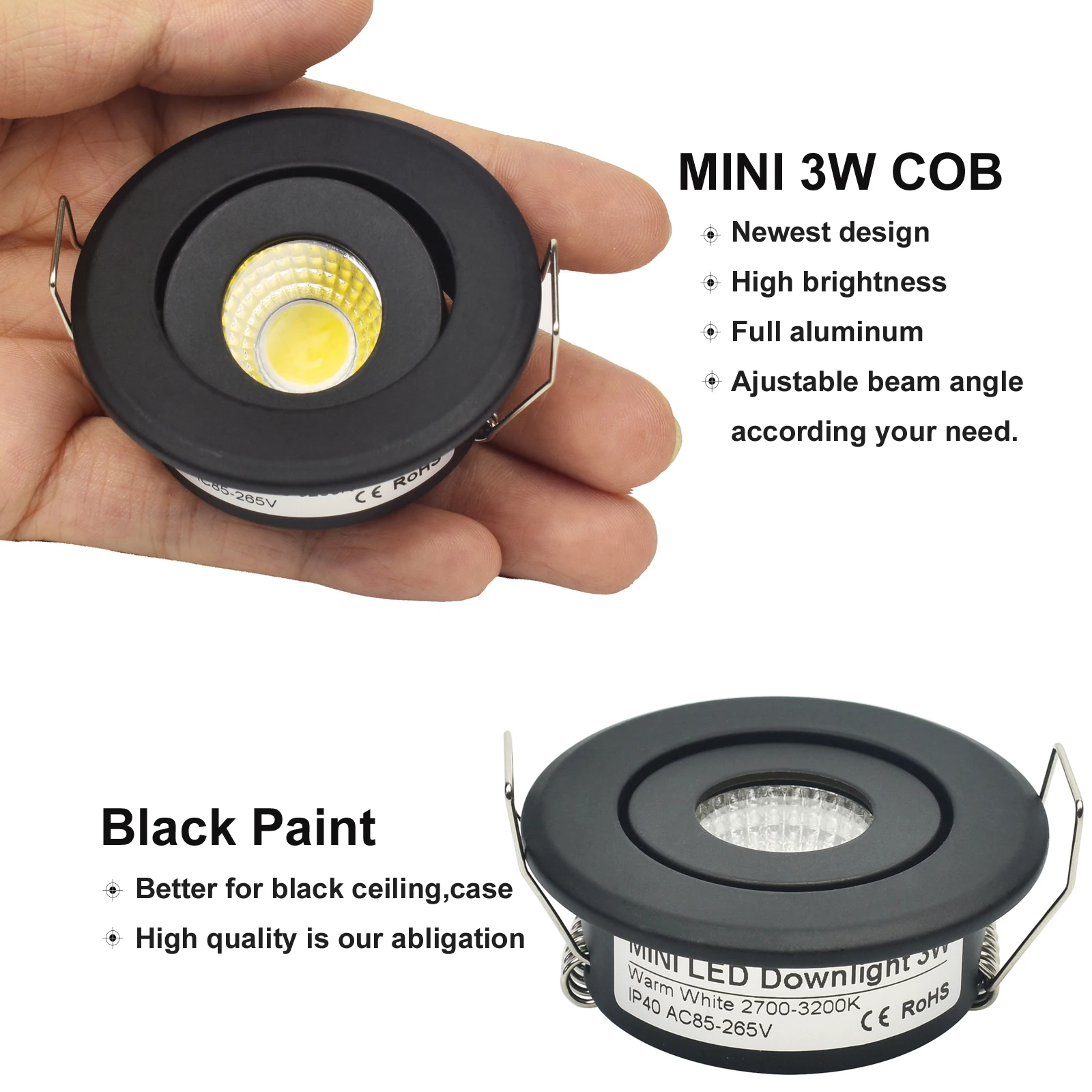 Imagem -03 - Mini 1w Cob 3w Acabamento Preto Led Downlight Recesso Ponto Luz de Teto Corte 4045 mm de Alumínio Completo 10 Peças