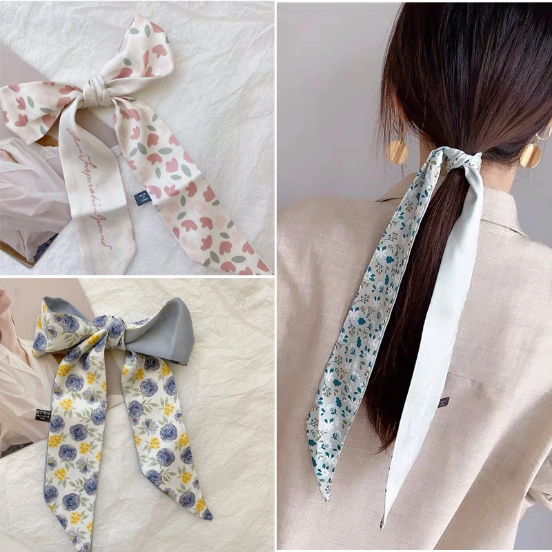 

Fashion Printing Chiffon Check Grace Long Ribbon Bow Lady Headdress Scrunchie Ponytail Holder Tie Women Silk Scarves Hair Band