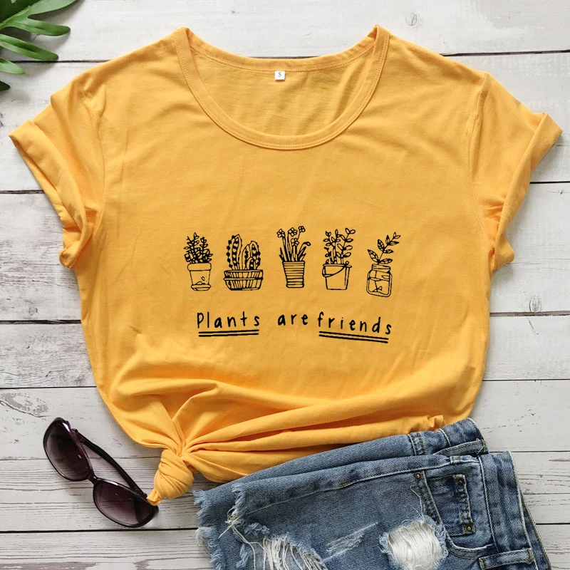 Plants Are Friends 100% Cotton T-shirt Kawaii Cactus Vegan Tee Shirt Top Funny Women Short Sleeve Veggie Gardening Tshirt