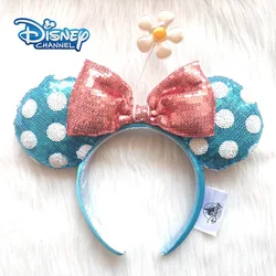 Disney Mickey Mouse Blue Flowers Headband Disneyland Minnie Sequins Ears Plush Headwear Boy Girl Beauty Toys Cosplay Party Gift