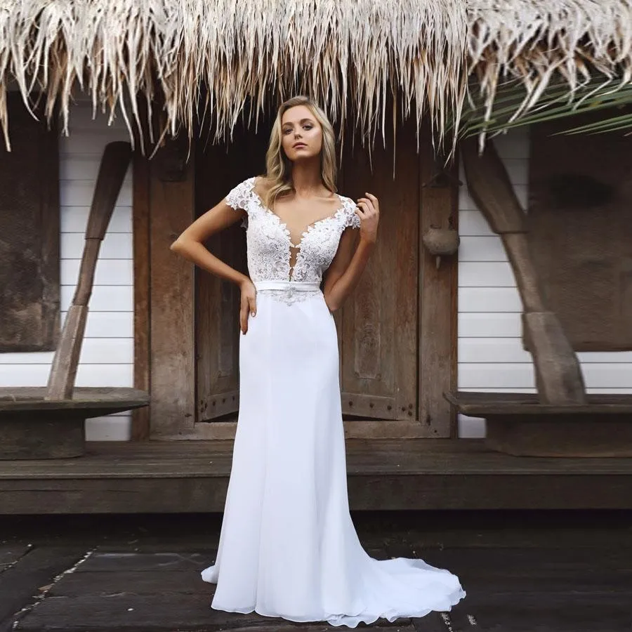 Vestidos de novia de sirena con manga casquillo, encantadores personalizados, apliques con cuello en V, espalda transparente con botones, vestidos de novia, cola de corte