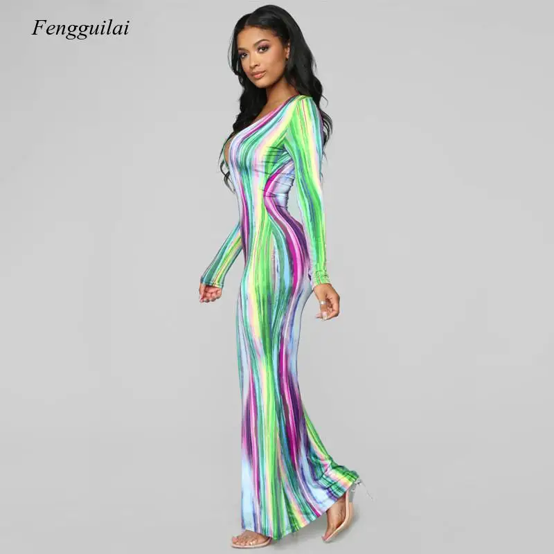 Stripe Print Sexy Maxi Dress Women Spring Fashion Vestidos Night Club Party Long Sleeve Bodycon Dresses