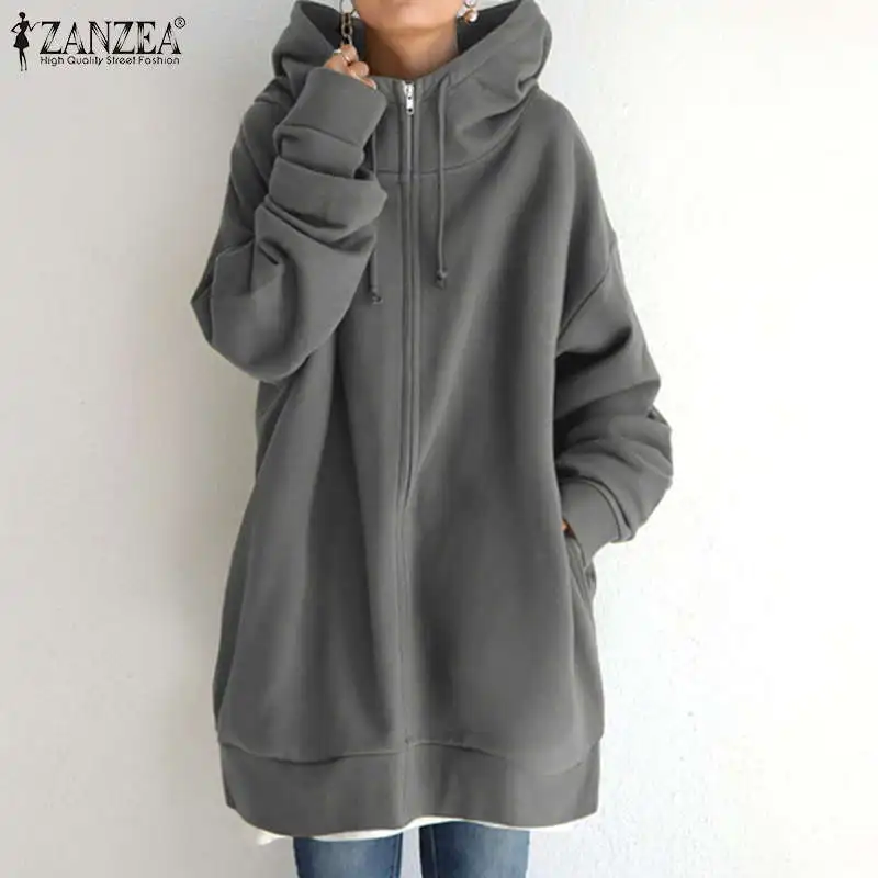 Elegant Hooded Sweatshirts Women\'s Solid Hoodies ZANZEA 2023 Casual Long Sleeve Zipper Coat Female Outwear Jackets Oversized Top