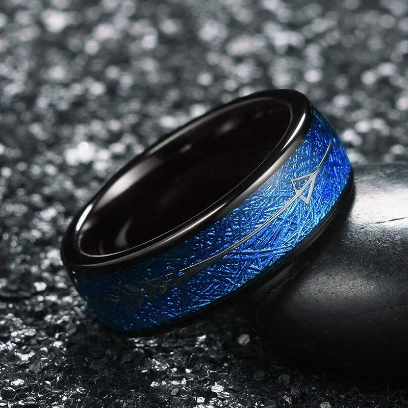 8mm Blue Fashion Men Rings Tungsten Carbide Ring Inlay Arrow Engagement Wedding Band Men Jewelry Accessories