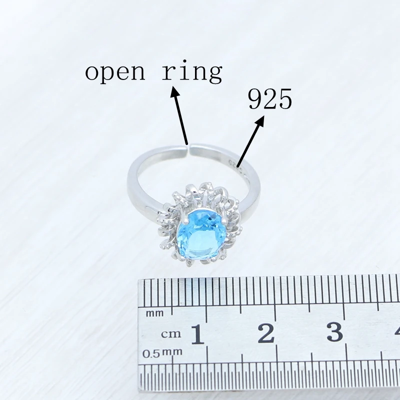 925 Sterling Silver Jewelry Set Bridal Wedding Jewelry Sky Blue Cubic Zirconia Open Ring Pendant Earrings Chain for Women