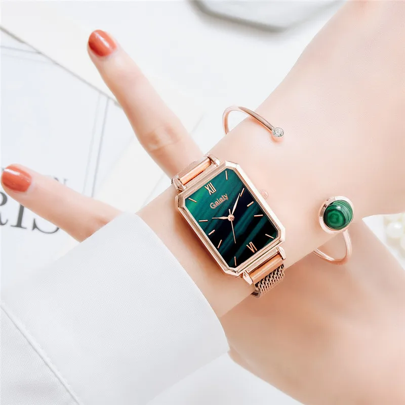 Women Fashion Quartz Watch Bracelet Set Green Dial Luxury Women Watches Simple Rose Gold Mesh Ladies Watch Dropshipping