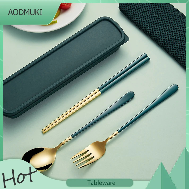 Gold Stainless Steel Three-Piece Cutlery Chopsticks Spoon Fork with Box and Bag Portable Cutlery Suit for Kids Dinnerware Set