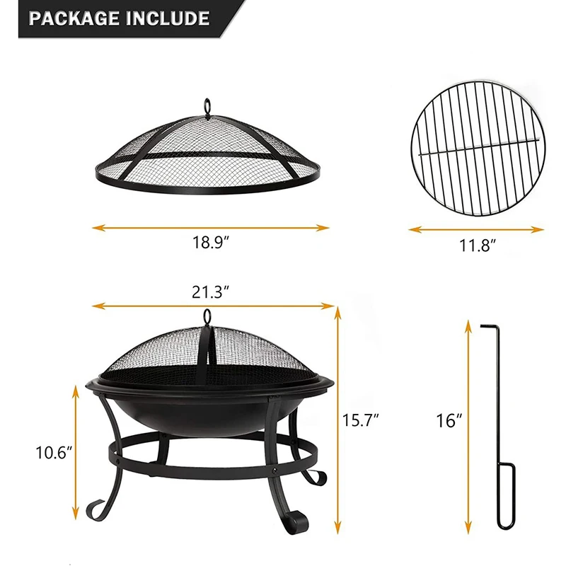 22'' Outdoor Wood Burning BBQ Grill Firepit Bowl w/Spark Round Mesh Spark Screen Cover Fire Poker Patio Steel Fire Pit Bonfire