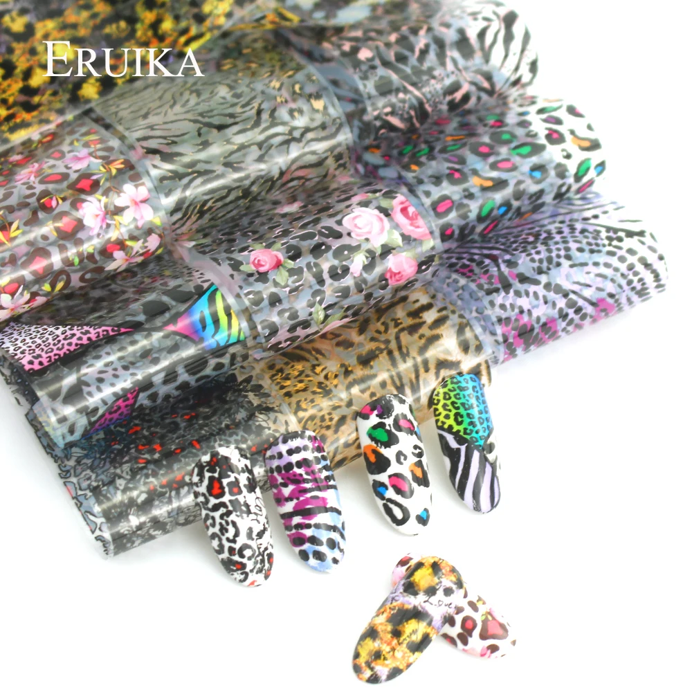 10pcs Mix Leopard Designs Nail Foil Transfer Foil Stickers for Manicure Nail Adhesive Decals Wrap Sliders Tape Nail Art 2019