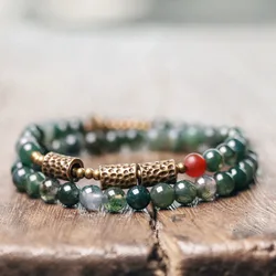 Vintage Moss Jade Double Layer Bracelet | Copper Alloy & Hammered Brass Charm | Handmade Boho Energy Stone Jewelry for Women