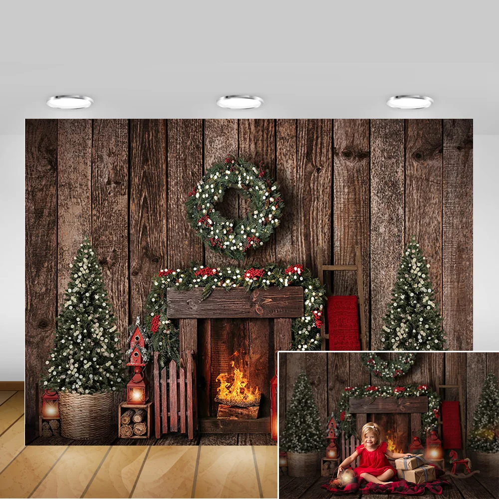 Christmas Fireplace Backdrop Photocall Rustic Wood Wall Photocall Xmas Tree Wreath Winter Newborn Baby Portrait Photography