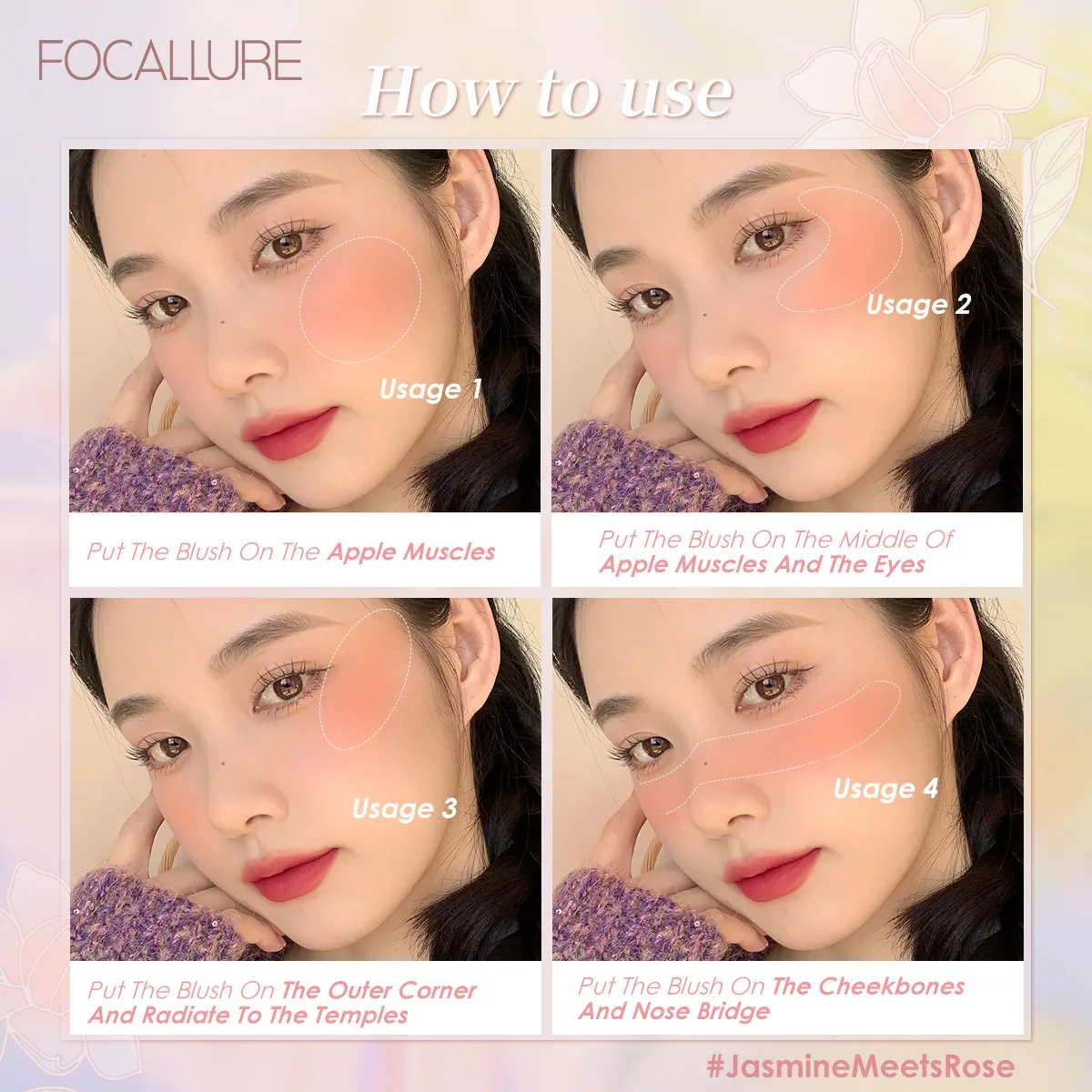 FOCALLURE Smooth Natural Blush Powder Palette Nourishing High Pigment Peach Cheek Face Blusher Contour Cream Makeup Cosmetics