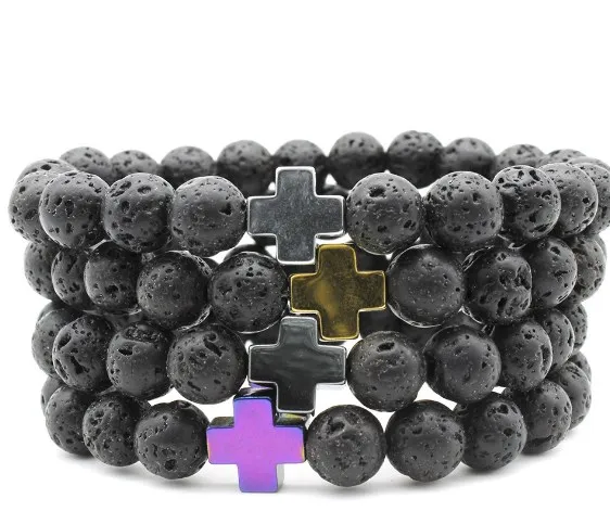 8mm 2f2 gold cross Magnetite adjusted zircon cubic zirconia Bracelet black volcanic lava Stone bead essential oils diffuser