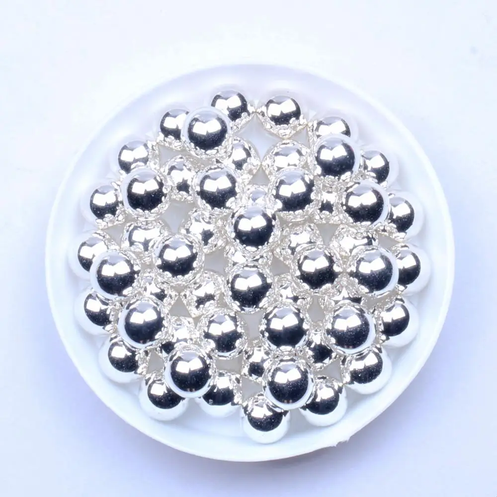 Metallic Silver Color Resin Pearls 4mm 5mm 6mm 7mm 8mm 10mm No Hole Simulated Pearl Cabochon Round Beads DIY Fashion Jewelry