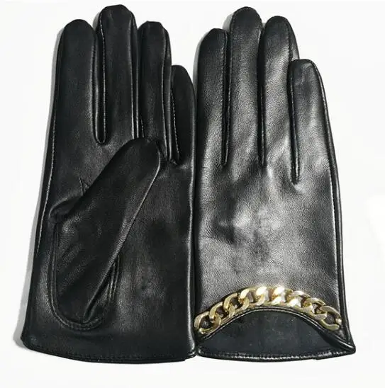 Women's short design chain sheepskin leather gloves female thin genuine leather gloves touch screen black motorcycle glove R417