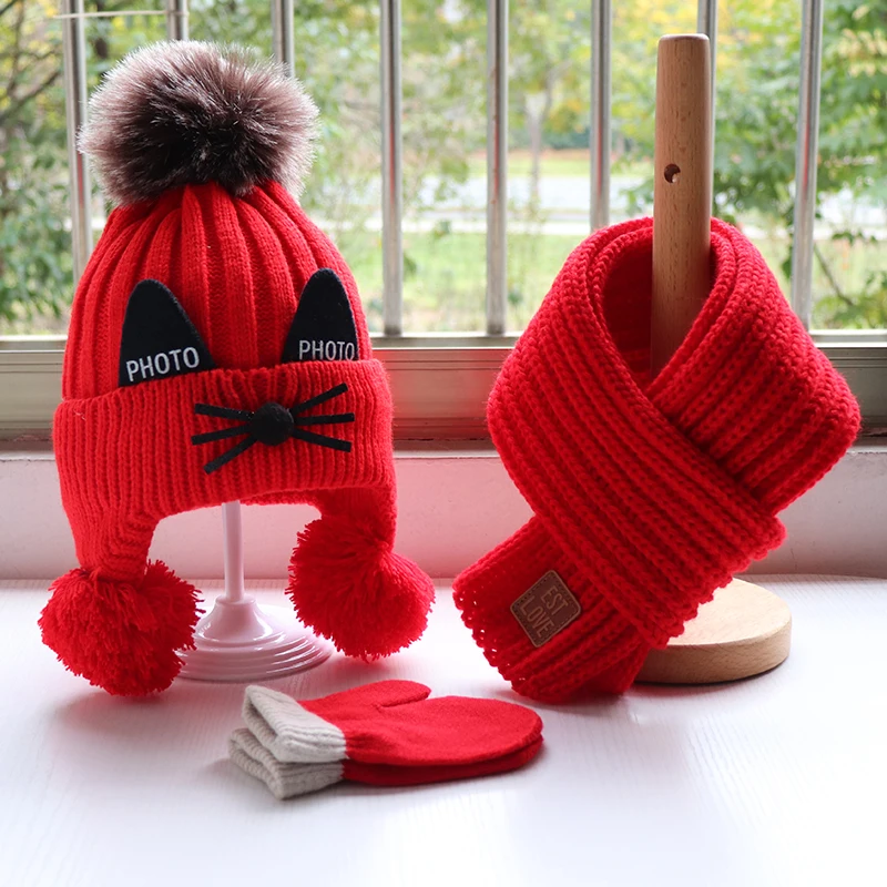 Conjunto de tres piezas para niño y niña, gorro de lana de punto, guantes, bufanda, grueso