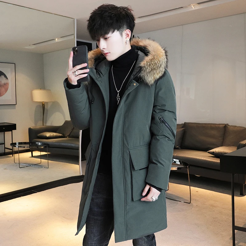 New Handsome Medium And Long Korean Fashion Down Cotton Jacket Casual Coat Men'S Thickened Hooded Warm Winter Youth