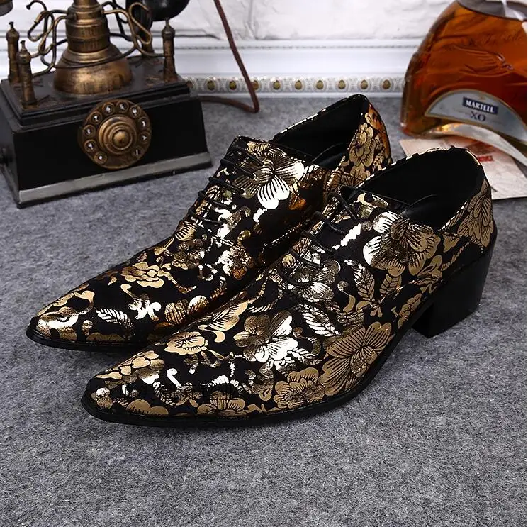 

Calcados Masculino Gold Claret Lace Pointed Toe Men Dress Party Shoes Increased Printed Shoes for men Party Tuxedo Men's Shoes