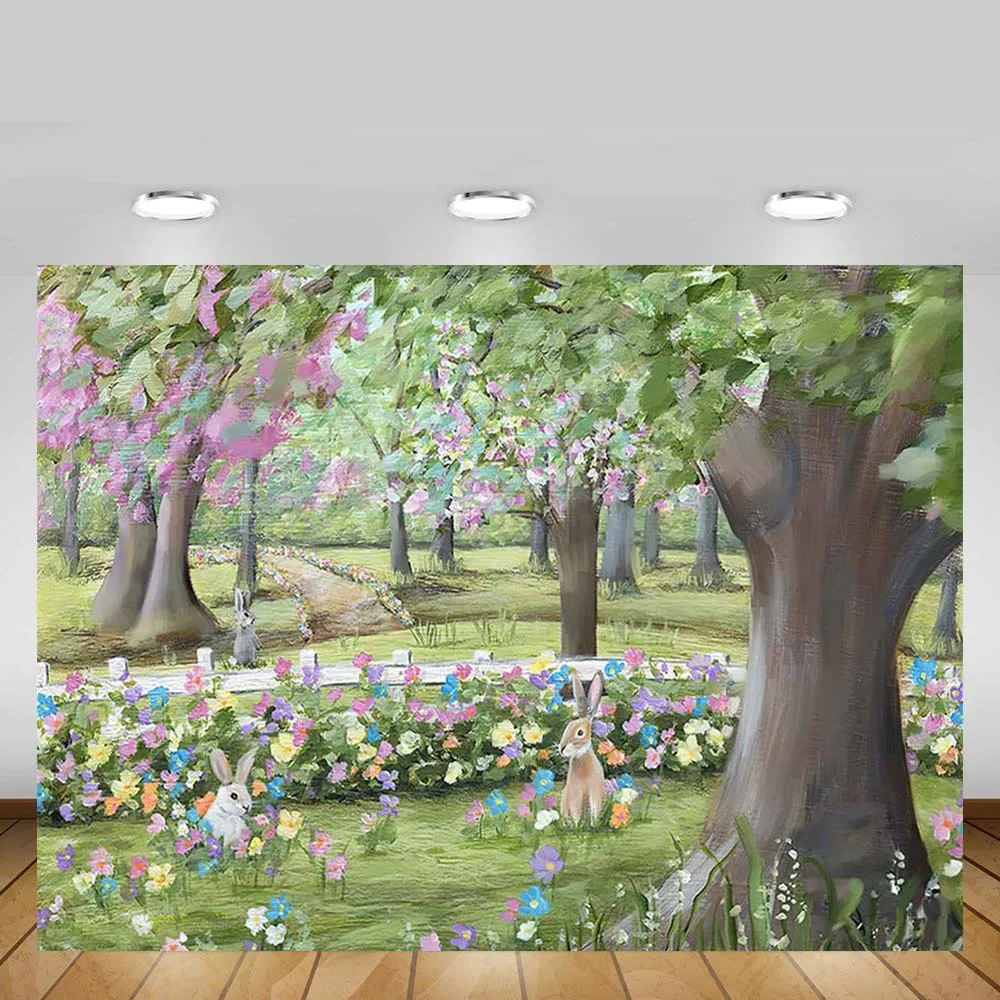 

Mehofond Oil Painting Easter Backdrop Photography Spring Green Tree Rabbit Baby Birthday Portrait Decor Background Photo Studio