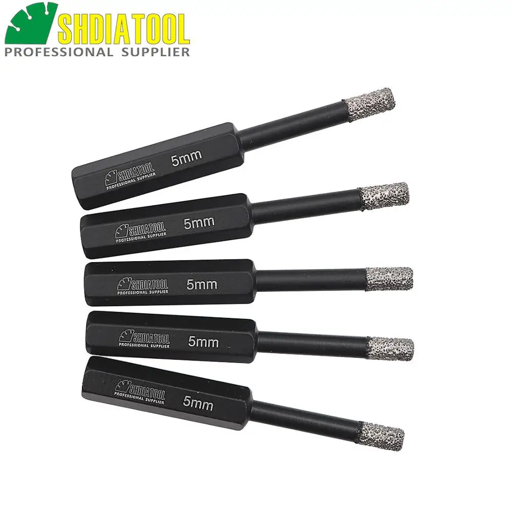 

SHDIATOOL 5pcs Dia 5/6/8/10/12/14mm Vaccum Brazed Diamond Drilling Core Bits Hex Shank Dry Drill Bits Granite Marble Hole Saw