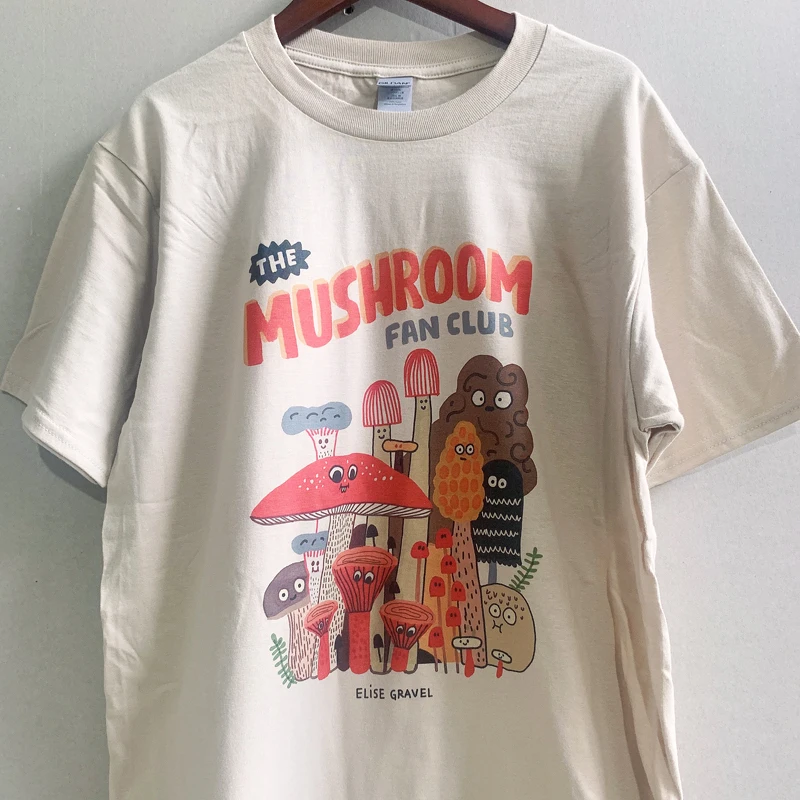 T-shirt rétro en tissu abricot et champignon pour femme, vêtement estival et décontracté à la mode