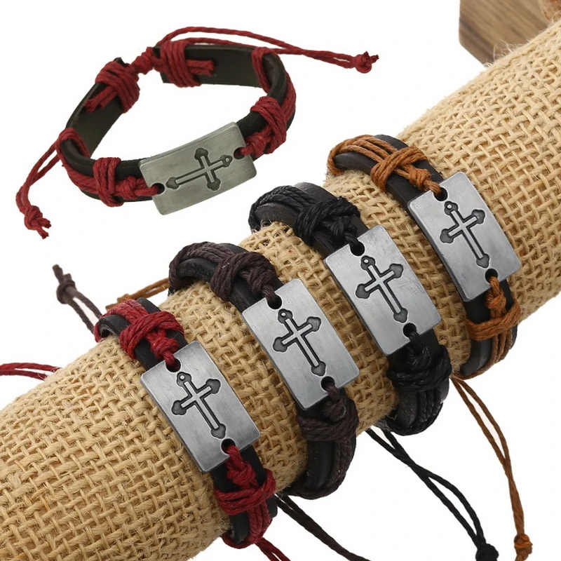 Fashionable Men Women Cross Leather Bracelet Various Styles Hand Made Leather Bracelet With Hemp Rope Retro Bracelets Jewelry