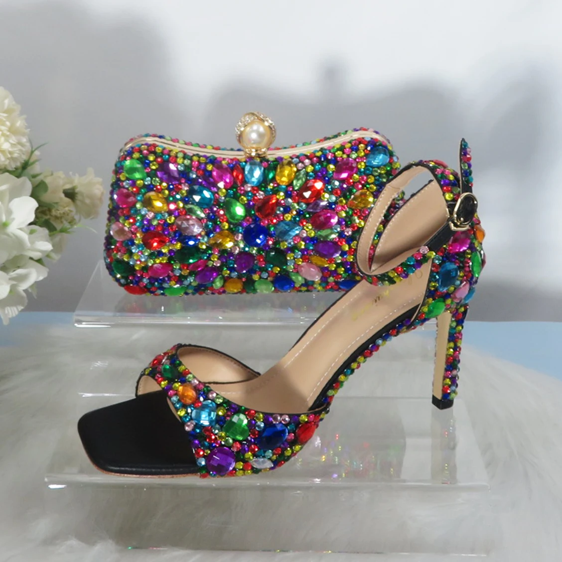 BaoYaFang Multicolored Crystal Women wedding shoes with matching bags bridal High heels Summer shoes green blue Shoe and Bag Set