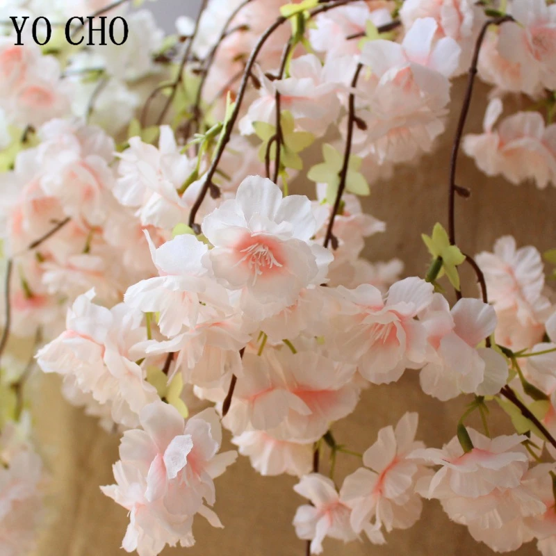 YO CHO DIY Wedding Bouquet Cherry Vine Artificial Flower 135cm Cherry Blossoms Wedding Wall Hanging Flower Bridesmaid Home Decor