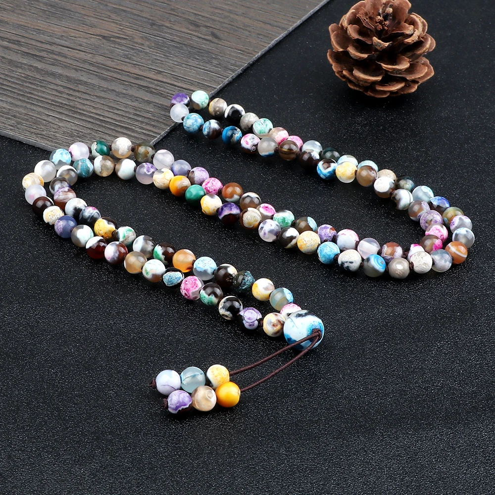 108 Mala Beads Necklace Prayer Colorful Fire Agate Elastic Rope Beacelet Women Men Couple Bangle Chain Jewelry Pulsera Gift New