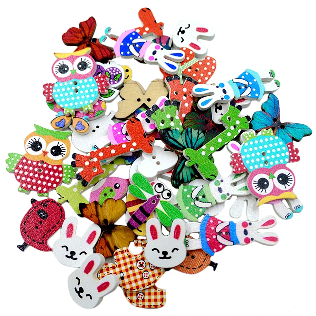 Pack of 50 Colorful Assorted Animals Wooden Decorative Buttons 2-holes Cardmaking Buttons for Sewing Crafts Doll DIY Supplies