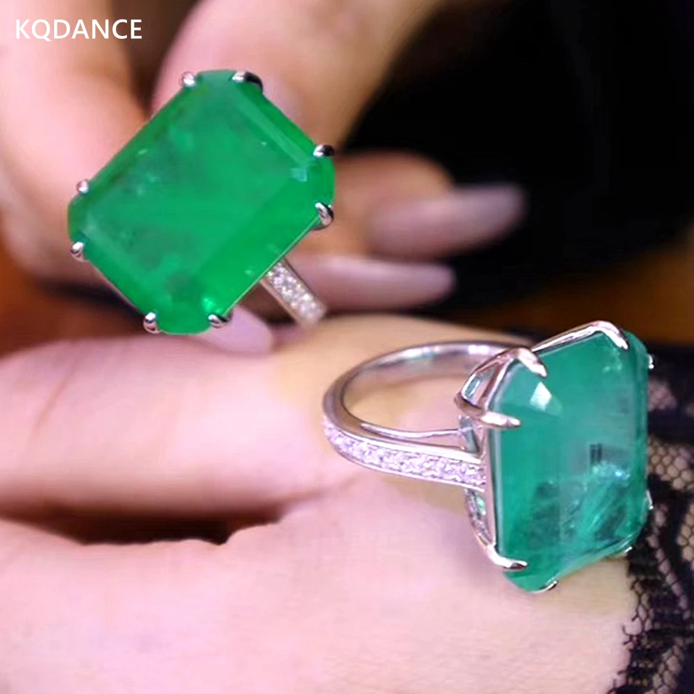 KQDANCE Real 925 Sterling Silver with Big Rectangle Lab Gemstones Diamond Paraiba tourmaline Pariba Emerald Cocktail Rings