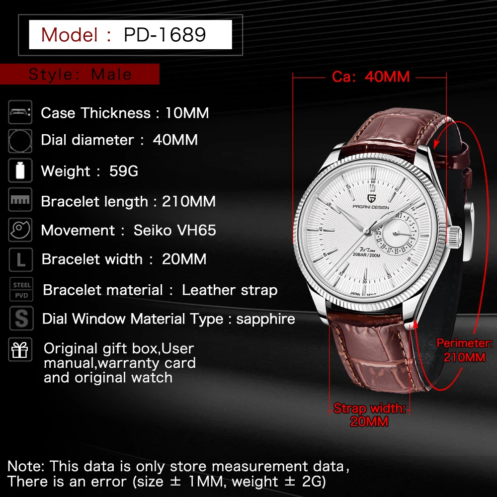 2021 PAGANI Design Men's Automatic Mechanical Watches Sapphire Stainless Steel VH65 Day Clock 200m Waterproof reloj hombre