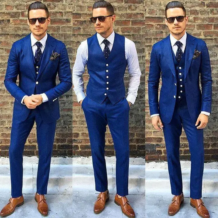 Royal Blue garnitur męski na ślub trzyczęściowy tanie smokingi dla pana młodego Slim Fit Custom Made formalne garnitury imprezowe (kurtka + spodnie + kamizelka)