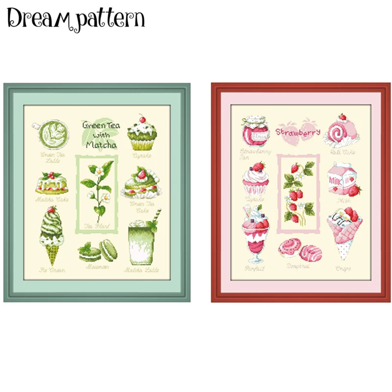 Green tea with matcha Strawberry cross stitch kit package 18ct 14ct 11ct light yellow fabric cloth embroidery DIY handmade