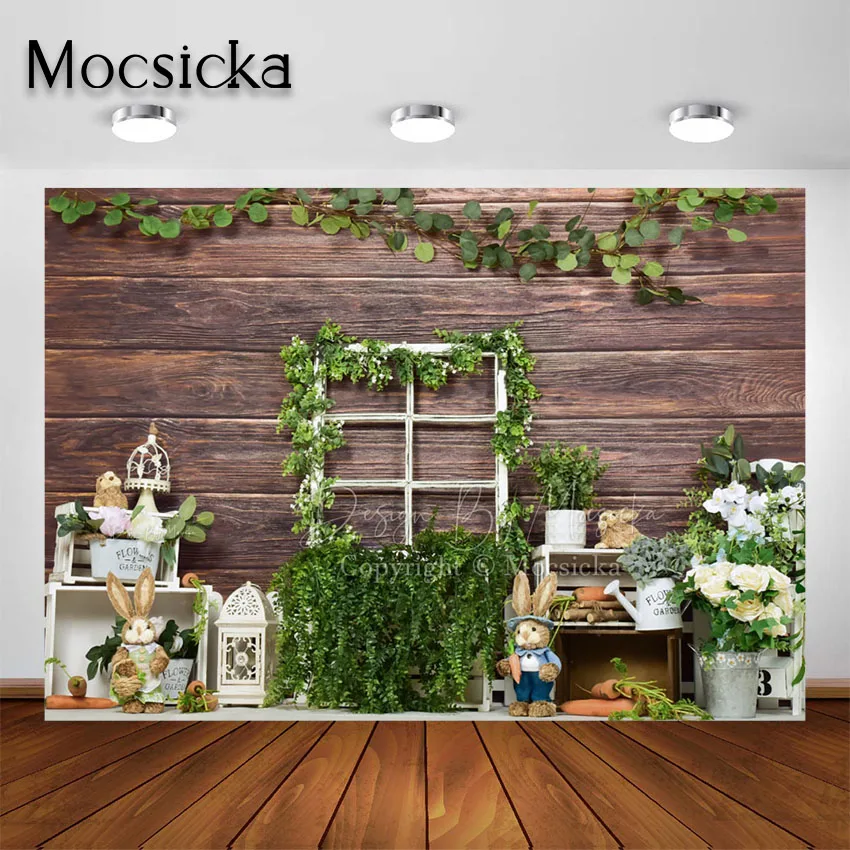 

Mocsicka Easter Backdrop for Photo Studio Bunny Wood Wall Spring Portraits Background for Cake Smash Photography Shooting Props