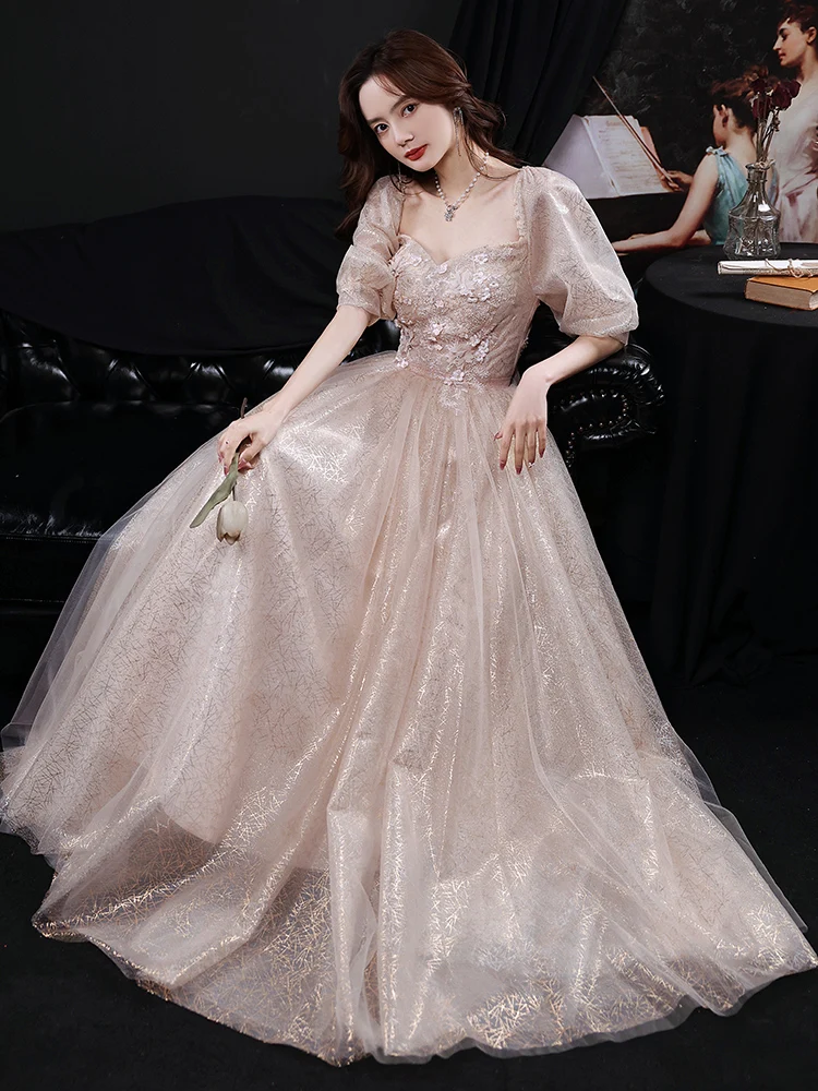 

Gorgeous Champagne Evening Dress French Style Puff Sleeve Elegant Long Party Gowns Appliques Lace-Up Banquet Dresses