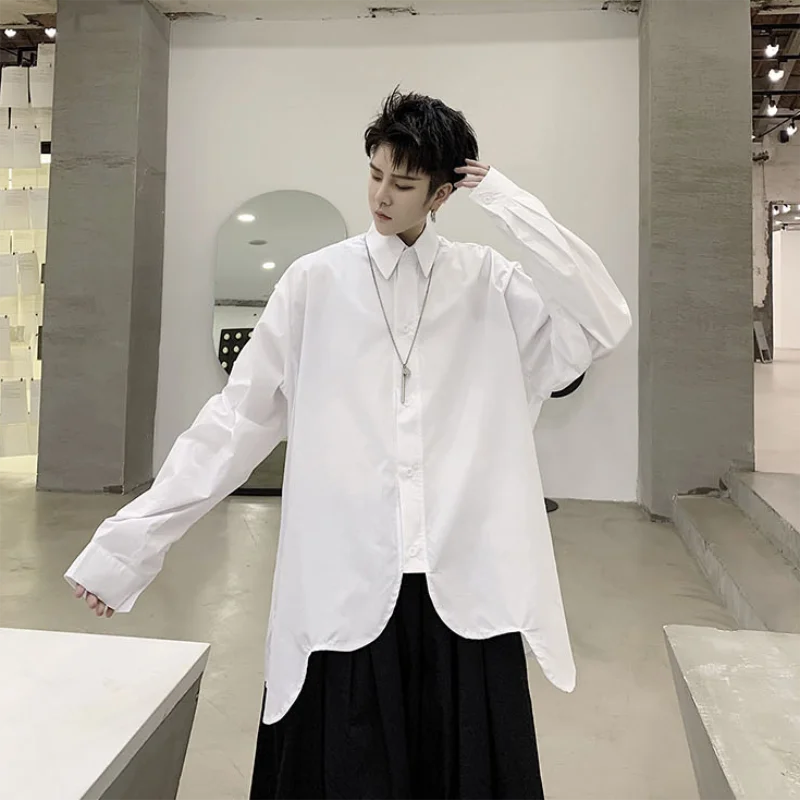 Men's long sleeve casual shirt with irregular hem and circular arc Japanese street style black and white couple hip-hop