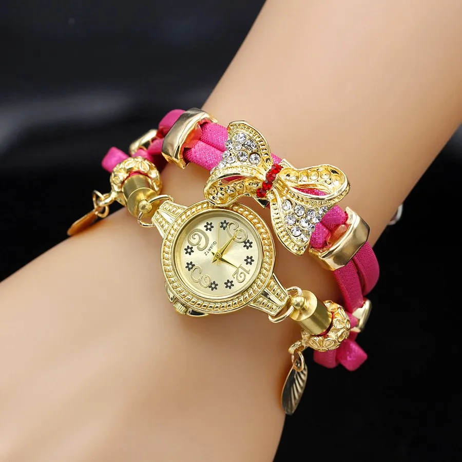 Shsby Fashion Women Rhinestone Watches Ladies Rope Strap Gold Alloy Bowknot Bracelet Quartz Wristwatches Women Dress Watches