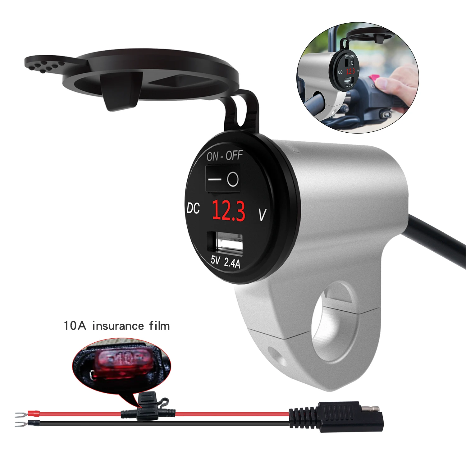 Motorcycle Aluminum Alloy Waterproof Mobile Phone Charger Digital Display Voltage 2.4A Car USB Fast Charging Power-Off Switch