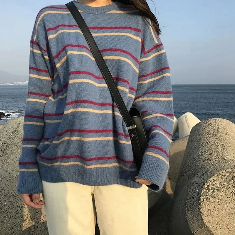 Striped Vintage Loose Round Neck Acrylic Knitted Sweaters Women Korean Fashion Long Sleeve Pullover Sweater Woman Winter 2022