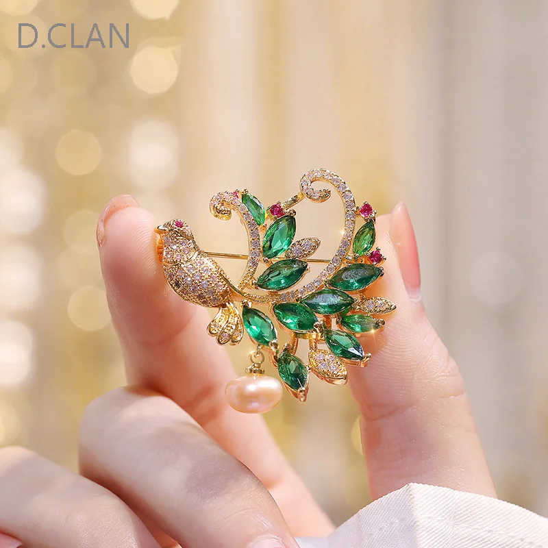 D.Clan Bird Peacock Color Zircon Freshwater Real Pearl Coat Brooch Fashion Jewelry Clothing Accessories Pin Gift for Women