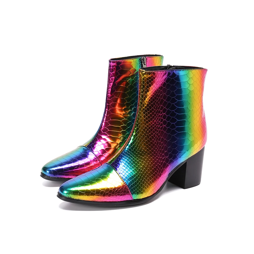 Designer Mens Shoes High Heels Snake Skin Rainbow Color Genuine Leather Cowboy  Ankle Boots Party Wedding Military Botas Hombre