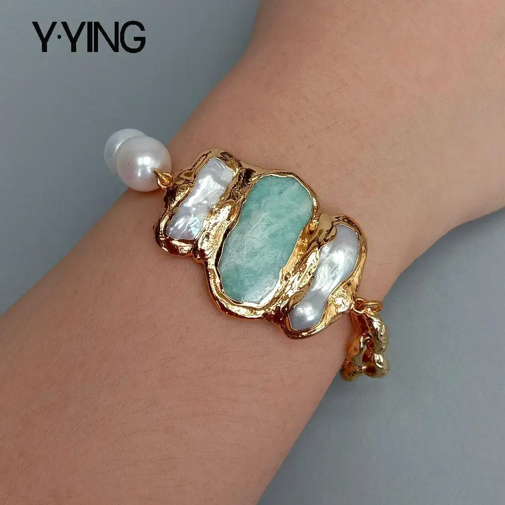 Y.YING-arroz blanco perla naturales cultivadas, amazonita, Biwa, pulsera con cadena de perlas, 8 ", Estilo vintage