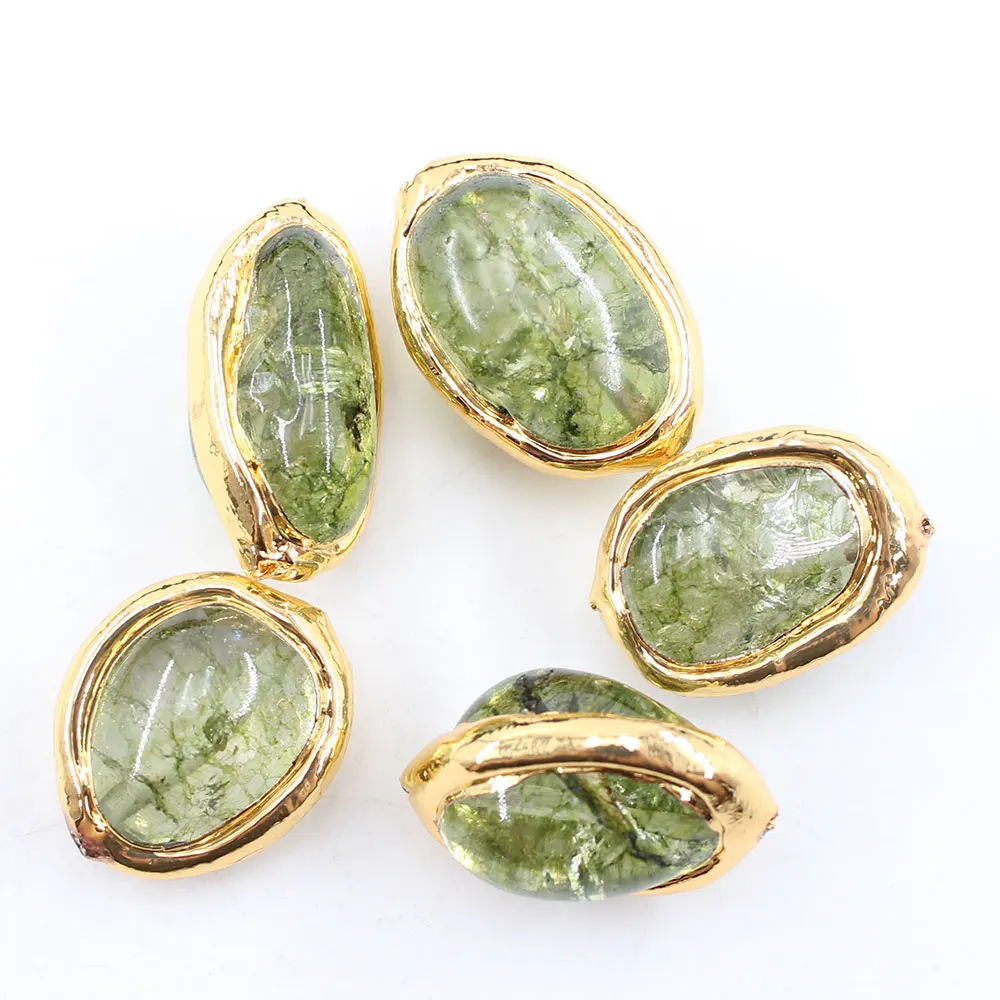 5Pcs 16x25mm Gold Plated Natural Green Moss Glass Quartzs Nugget Gems Oval Beads For Necklace Pendant Jewelry DIY