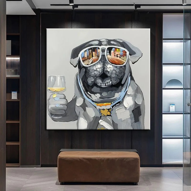 

100% Handmade Cool Drinking Dog Abstract Oil Painting Modern Wall Art Living Room No Frame Pictures Home Decoration Painting