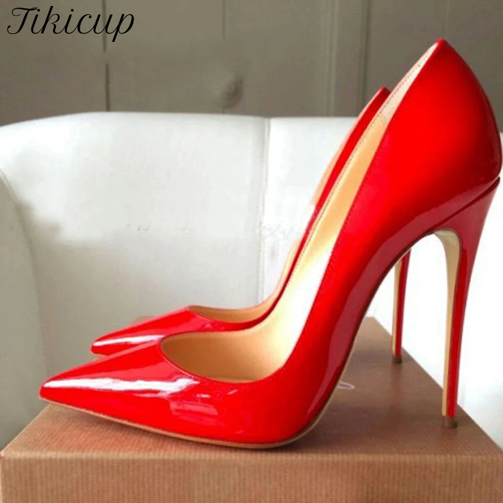 Tikicup 8cm 10cm 12cm Classic Style Women Patent Red Sexy Pointed Toe Slip On High Heel Shoes OL Ladies Plain Stiletto Pumps