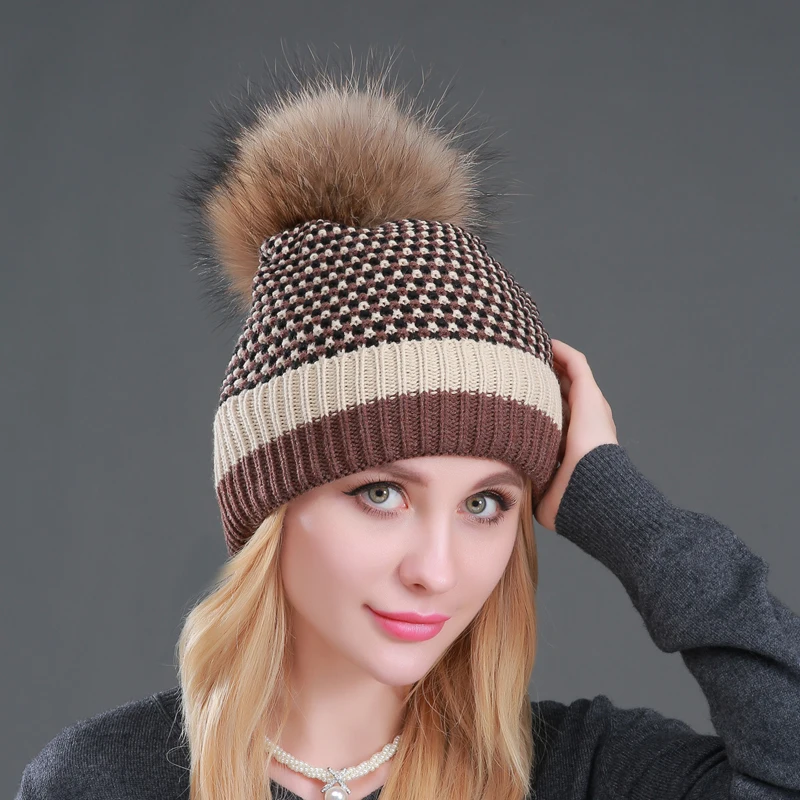 CNTANG 2024 New Double layer Plus Velvet Warm Hat Winter Knitted Beanie Fashion Hats For Women Natural Raccoon Fur Pompom Female