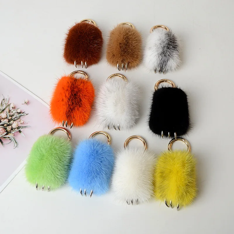 Fluffy Pompom Real Natural Mink Fur Wolf Paw Keychain On Bag Car Trinket Women Plush Toy Keychain Party Jewelry Men Gift