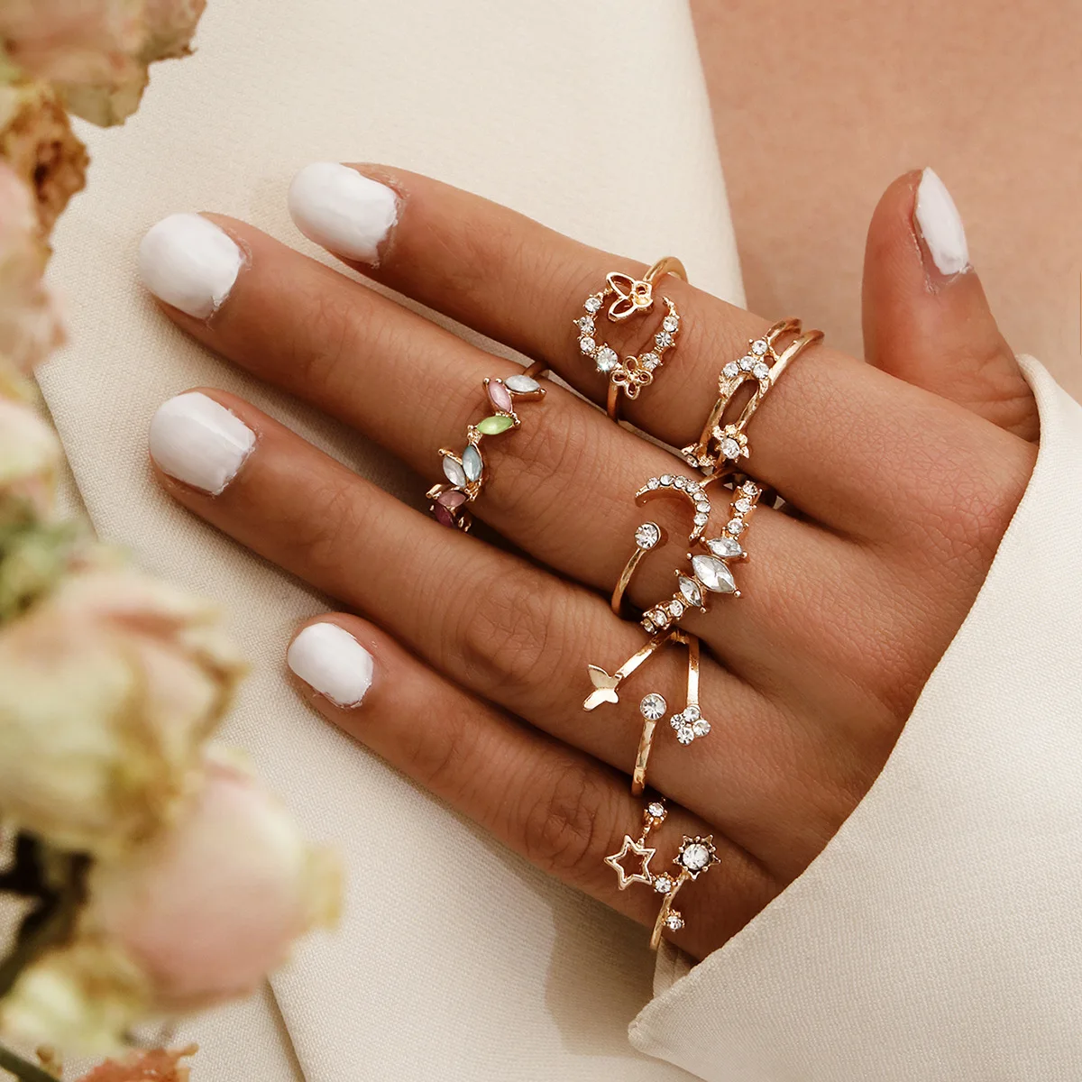 7pcs/Set Fashion Star Moon Knuckle Finger Rings Set For Women Colorful Crystal Geometric Female Wedding Ring  Boho Jewelry Gift