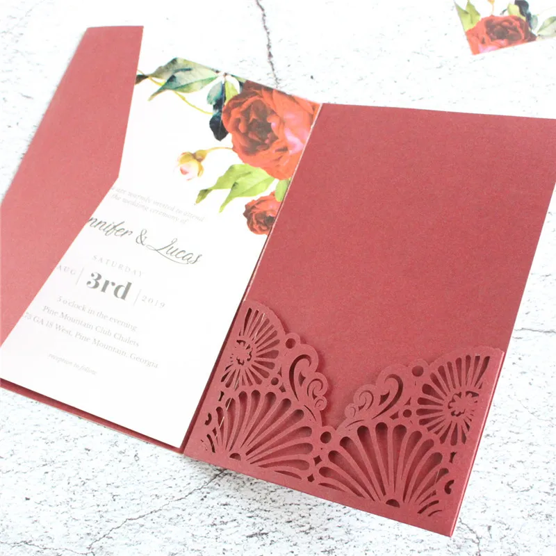 Rural soft pink invitation pocket pearl paper tri-fold laser cutting 20 pcs
